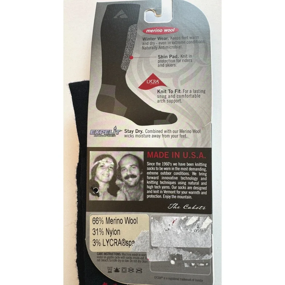 NEW CABOT & SONS Ride / Ski Merino Wool Socks Black & Red Shin Pad Men's 10-13